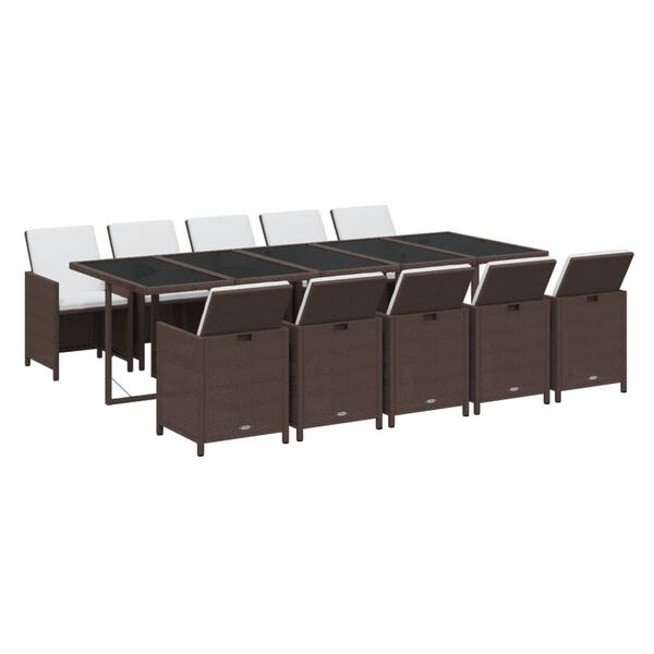 vidaXL 11-dijelni vrtni blagovaonski set s jastucima poliratan smeđi