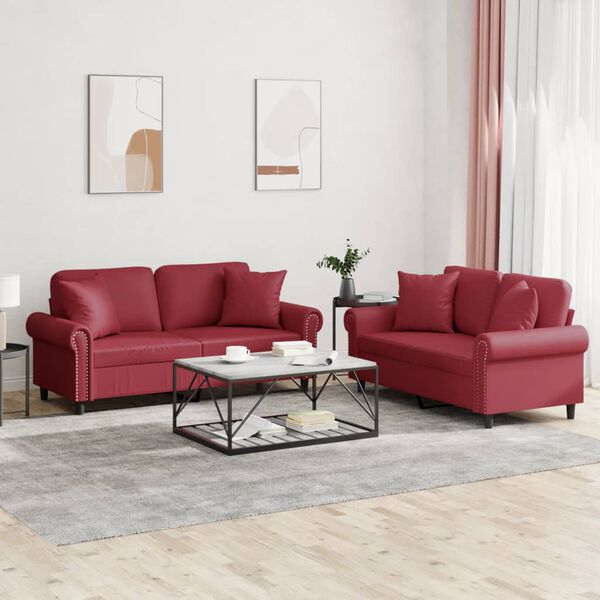 vidaXL 2-dijelni set sofa s jastucima boja vina od umjetne kože