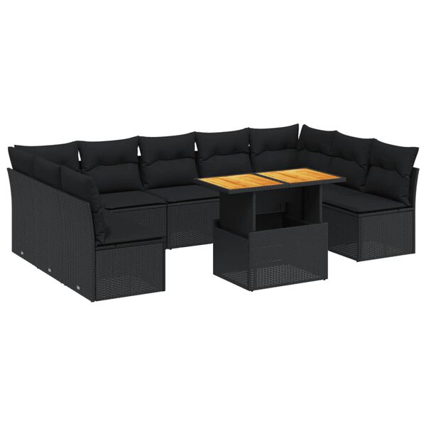 vidaXL 10-dijelni set vrtnih sofa s jastucima crni od poliratana