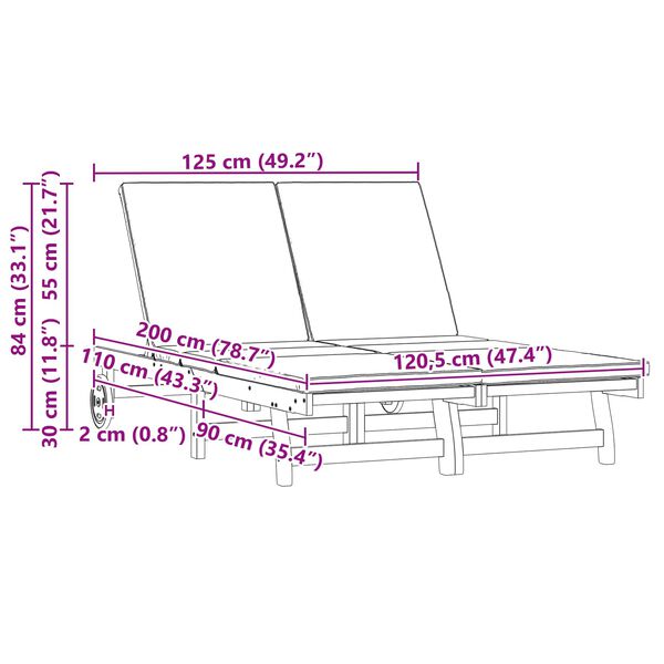 vidaXL Ležaljka 2-osoba Smeđa 63 x 199 x 85 cm Čvrsto drvo akacije