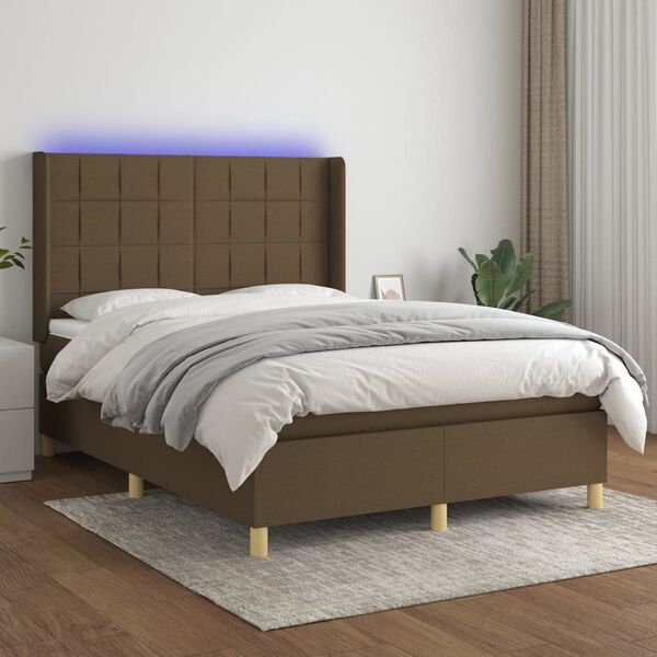 vidaXL Krevet box spring s madracem LED tamnosmeđi 140x190 cm tkanina