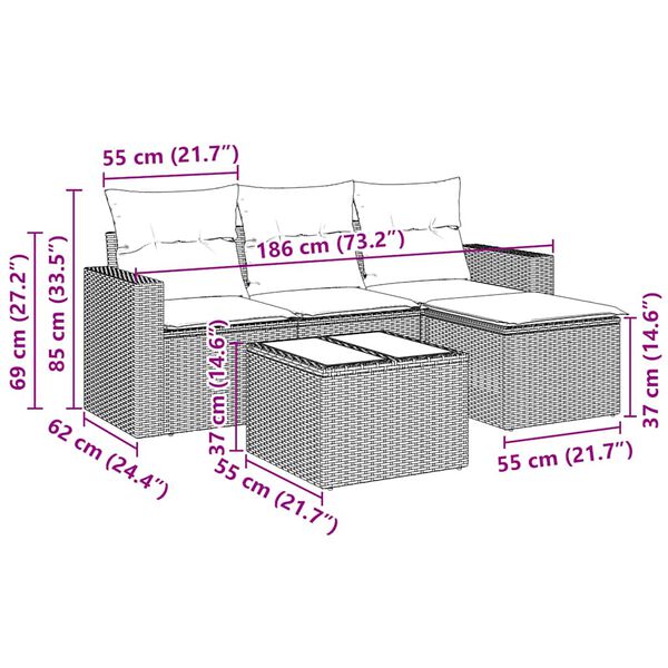 vidaXL 5-dijelna vrtna garnitura od poliratana s jastucima crna