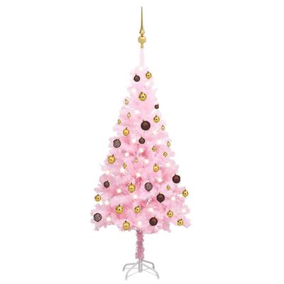 vidaXL Umjetno osvijetljeno božićno drvce s kuglicama rozo 120 cm PVC