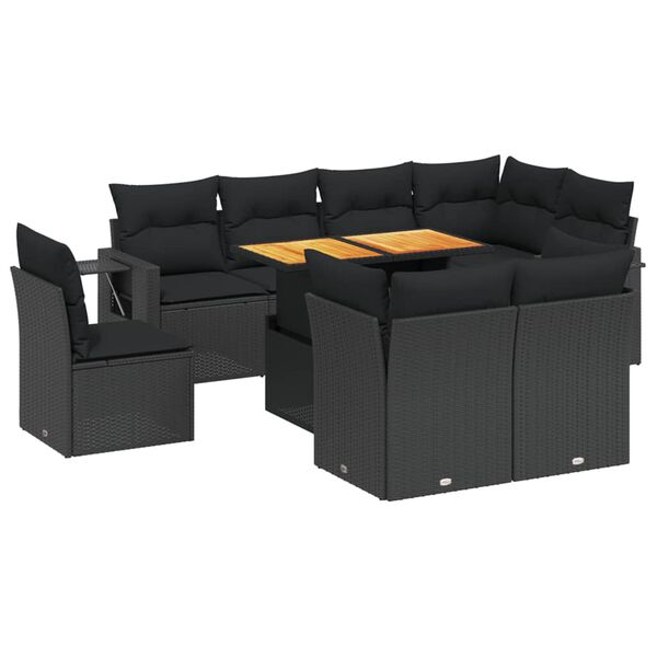 vidaXL 9-dijelni set vrtnih sofa s jastucima crni od poliratana
