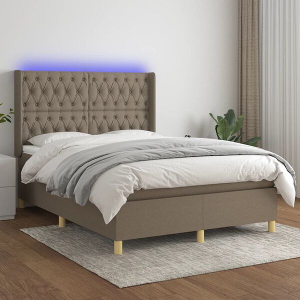 vidaXL Krevet box spring s madracem LED smeđesivi 140x190 cm tkanina