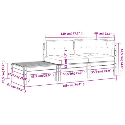 vidaXL Vrtna sofa s jastucima i tabureom od masivnog drva duglazije