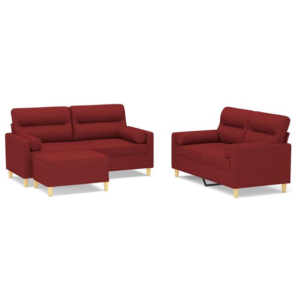 vidaXL 3-dijelni set sofa s jastucima crvena boja vina od tkanine