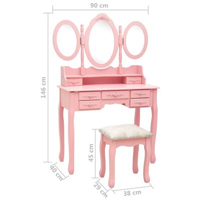 vidaXL Toaletni stolić sa stolcem i trostrukim ogledalom ružičasti