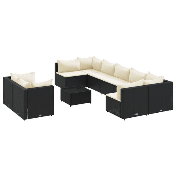 vidaXL 10-dijelni set vrtnih sofa s jastucima crni od poliratana