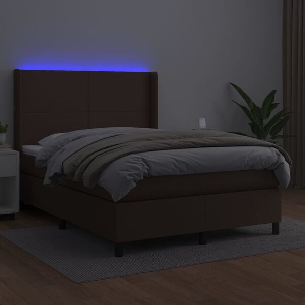 vidaXL Krevet box spring s madracem LED smeđi 140x200 cm umjetna koža