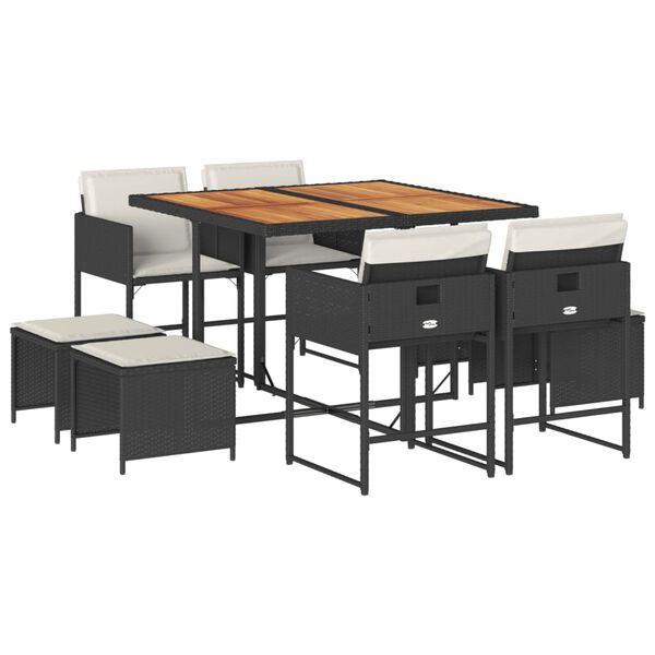 vidaXL 9-dijelni vrtni blagovaonski set s jastucima crni od poliratana