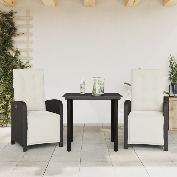 vidaXL 3-dijelni bistro set s jastucima crni od poliratana