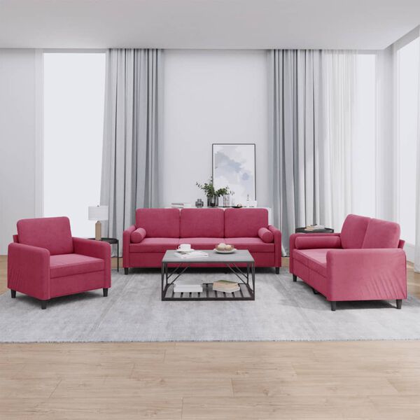 vidaXL 3-dijelni set sofa s jastucima crvena boja vina bar&scaron;unasti