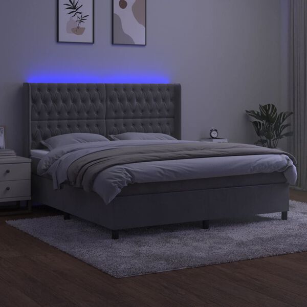 vidaXL Krevet box spring s madracem LED svjetlosivi 160x200 cm bar&scaron;un