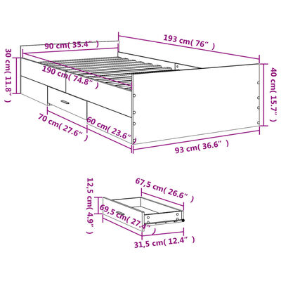 vidaXL Okvir kreveta s ladicama siva boja hrasta 90 x 190 cm drveni