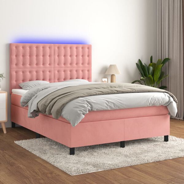vidaXL Krevet box spring s madracem LED ružičasti 140x190cm bar&scaron;unasti