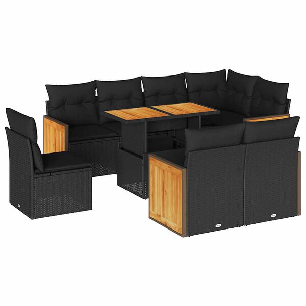 vidaXL 9-dijelni set vrtnih sofa s jastucima crni od poliratana bagrem