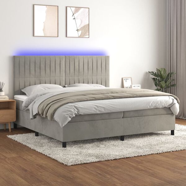 vidaXL Krevet box spring s madracem LED svjetlosivi 200x200 cm bar&scaron;un