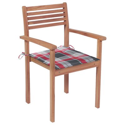 vidaXL Vrtne stolice s crvenim kariranim jastucima 4 kom od tikovine