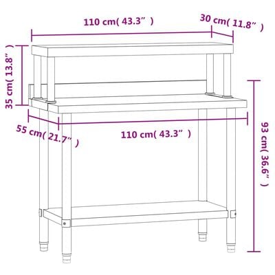 vidaXL Kuhinjski radni stol s policom 110x55x120 cm nehrđajući čelik