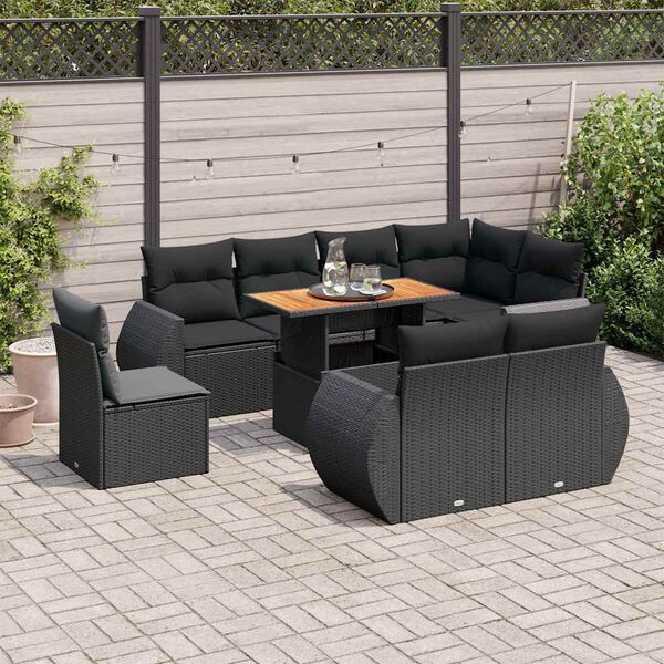 vidaXL 9-dijelni set vrtnih sofa s jastucima crni od poliratana