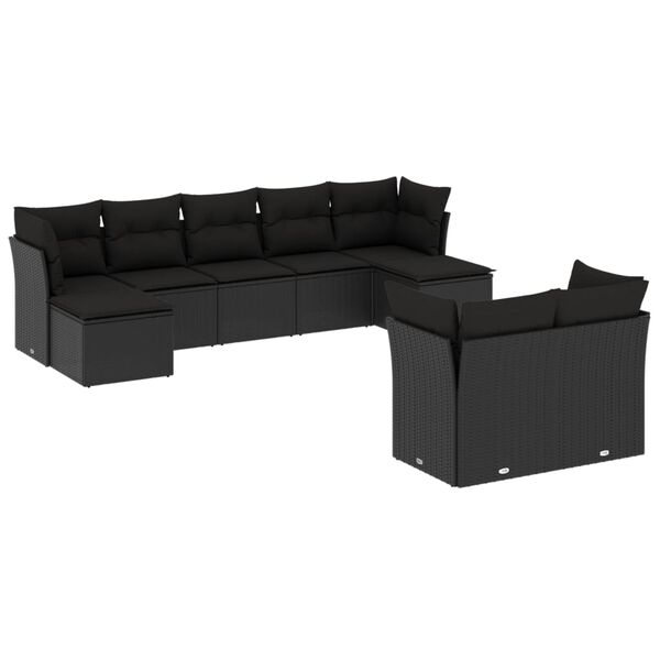 vidaXL 9-dijelni set vrtnih sofa s jastucima crni od poliratana