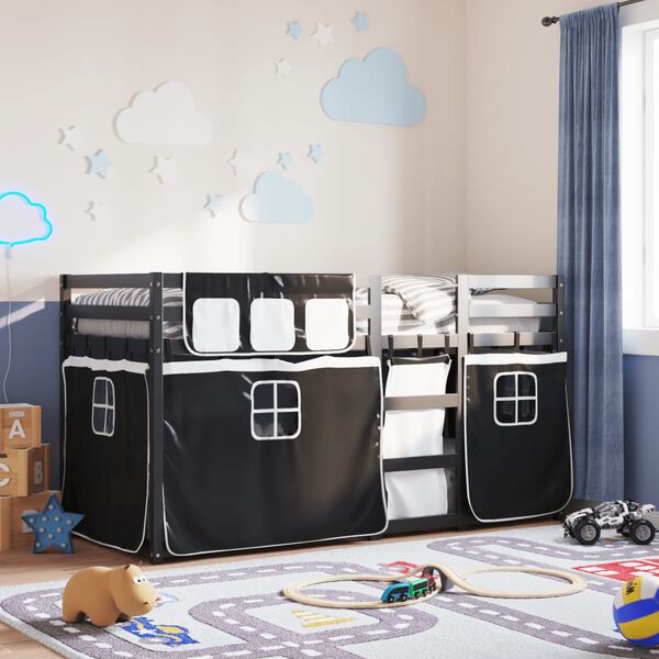 vidaXL Krevet na kat sa zavjesama bijelo-crni 80 x 200 cm od borovine