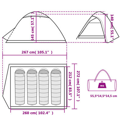 vidaXL Kupolasti šator za kampiranje za 4 osobe bijeli vodootporni