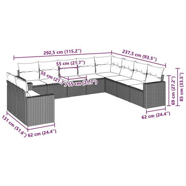 vidaXL 10-dijelni set vrtnih sofa od poliratana s jastucima smeđi