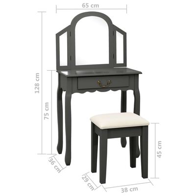 vidaXL Toaletni stolić sa stolcem sivi 65x36x128 cm paulovnija i MDF