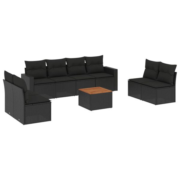 vidaXL 9-dijelni set vrtnih sofa s jastucima crni od poliratana