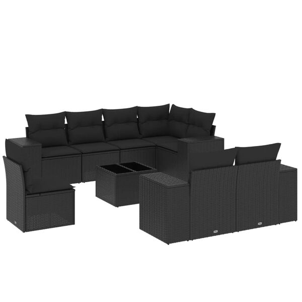 vidaXL 9-dijelni set vrtnih sofa s jastucima crni od poliratana