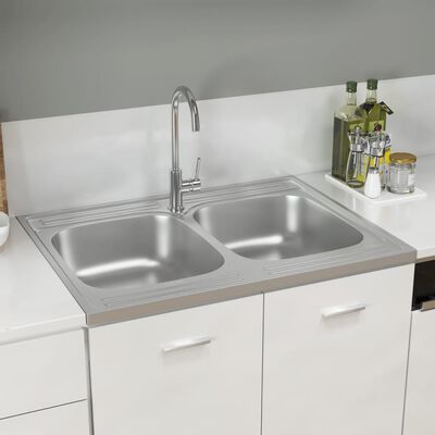 vidaXL Kuhinjski sudoper s dva korita srebrni 800x600x155 mm čelični