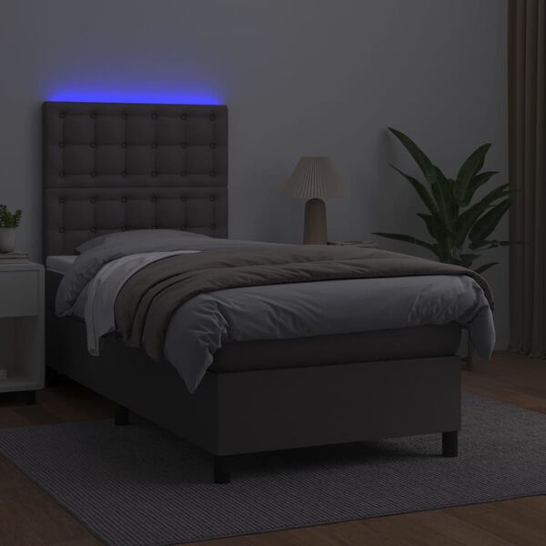 vidaXL Krevet box spring s madracem LED sivi 90x190 cm od umjetne kože