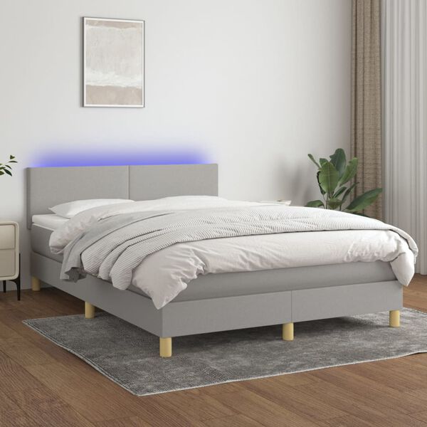 vidaXL Krevet box spring s madracem LED svjetlosivi 140x190 cm tkanina