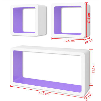 3 bijelo-ljubičaste zidne kocke za izlaganje knjiga/DVD-ova MDF