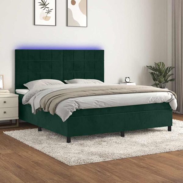 vidaXL Krevet box spring s madracem LED tamnozeleni 180x200 cm bar&scaron;un