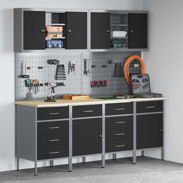 vidaXL Radni ormar s ladicama 10 pcs Crna Inženjerska drva i čelik