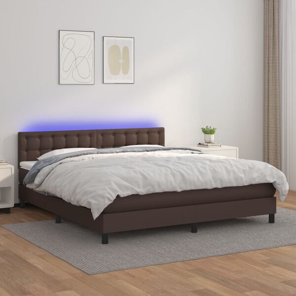 vidaXL Krevet box spring s madracem LED smeđi 180x200 cm umjetna koža