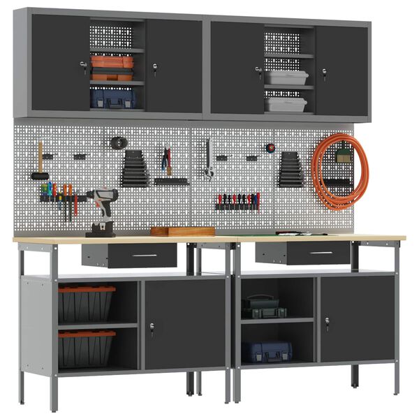 vidaXL Set radnog stola s ladicama 8 pcs Crna 200 x 55 x 200 cm Čelik