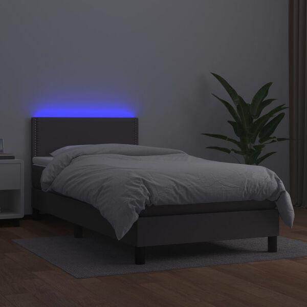 vidaXL Krevet box spring s madracem LED sivi 90x200 cm od umjetne kože