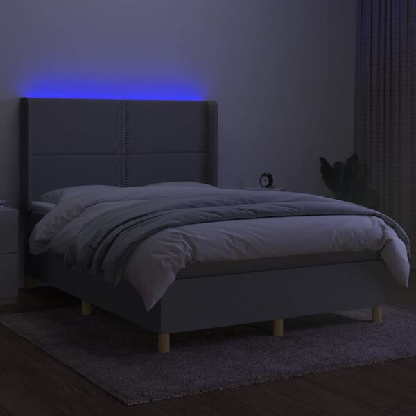 vidaXL Krevet box spring s madracem LED svjetlosivi 140x190 cm tkanina