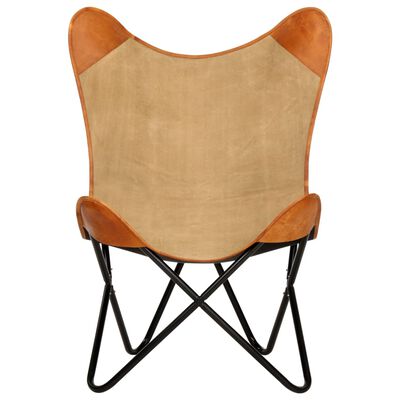 vidaXL Leptir-stolica od prave kože i platna smeđa
