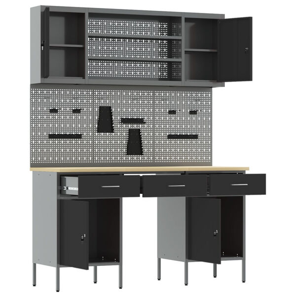 vidaXL Radni stol s ladicama 7 pcs Crna 150 x 55 x 200 cm Čelik