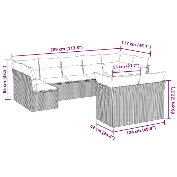vidaXL 9-dijelni set vrtnih sofa od poliratana s jastucima svjetlosivi