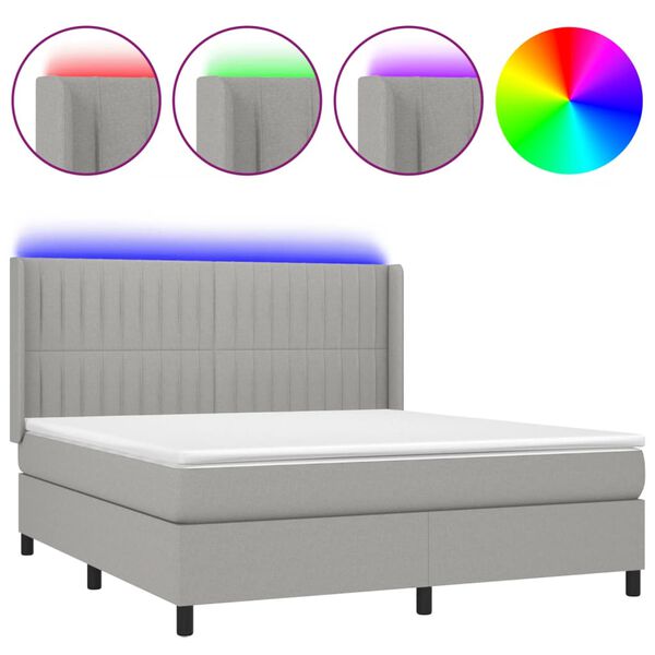 vidaXL Krevet box spring s madracem LED svjetlosivi 180x200 cm tkanina