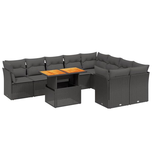 vidaXL 10-dijelni set vrtnih sofa s jastucima crni od poliratana