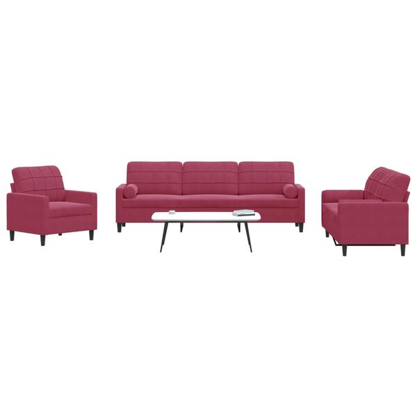 vidaXL 3-dijelni set sofa s jastucima crvena boja vina bar&scaron;unasti