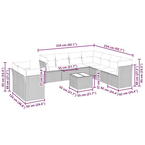 vidaXL 10-dijelni set vrtnih sofa poliratan s jastucima svijetlosivi