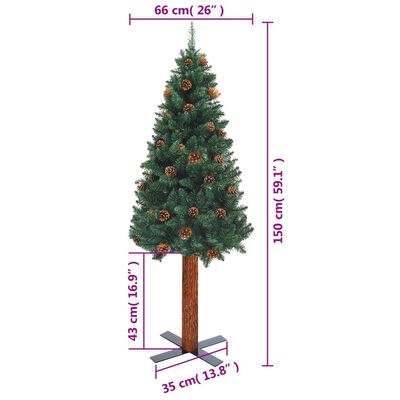vidaXL Tanko božićno drvce s pravim drvom i šiškama zeleno 150 cm PVC